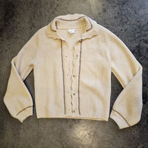 Cream Button-Front Ribbed Cardigan with Tan Contrast Trim